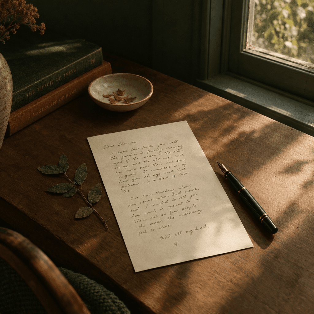 A handwritten letter, fountain pen, and pressed leaves in the light of a window